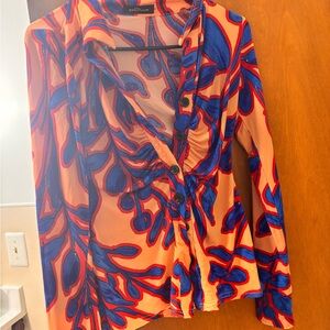 Stylish Women's Button-Down Shirt in Blue and Orange